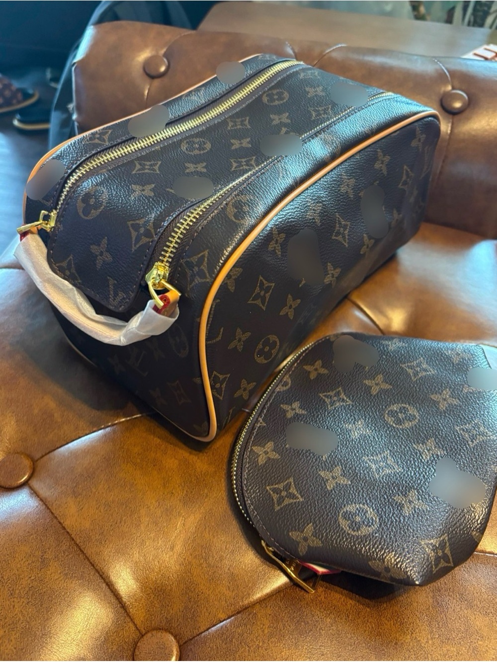 Designer Monogram Toiletry Bag in Dark Brown with Tan Trim